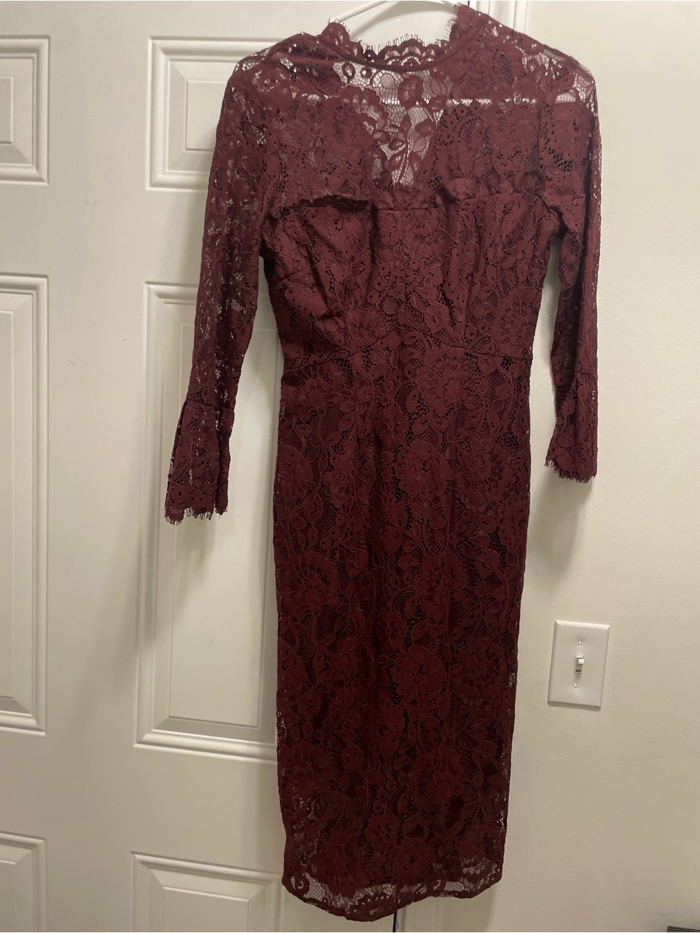New York & Company Women’s Burgundy Lace Long-Sleeve Midi Dress
